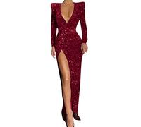 Briskorry Damen Glitzer Hochzeit Abendkleider Bodycon Lange Ärmel Minikleid Elegante Eng Pailletten Wickelkleid V-Ausschnitt Cocktailkleider Partykleid Maxikleider