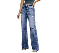 Briskorry Damen Jeans Hose mit Hoher Taille Y2K Style Weites Gerades Bein Jeanshose mit Taschen Baggy Vintage Hosen Mode Loose Flare Freizeithose Boyfriend Jeans