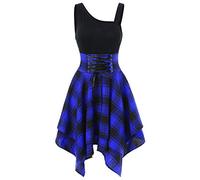 Briskorry Damen Kariertes Rockabilly Vintage Retro Kleidung Mittelalter Elegant Kleid Goth Punk Cocktailkleid Schulterfrei Hexenkostüm Gebunden Taille Verbandkleid