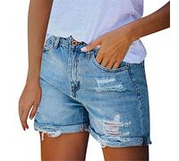 Briskorry Damen Kurze Hose Sommer Jeans,Ripped Denim Kurze Hose Basic Stretch Shorts mit Aufschlag Zerrissenes Loch Jeansshorts mit Taschen Vintage Streetwear Boyfriend Pants Used-Look Sommershorts