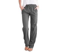 Briskorry Damen Leinenhose Sommer Weites Bein High Waist Sommerhose Einfarbig Freizeithose Geradem Lose Hosen mit Taschen Bequeme Lang Stoffhose Elastischer Bund