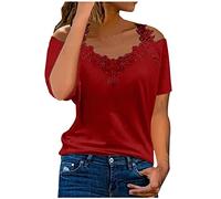 Briskorry Damen Oberteil Schulterfrei Kurzarm/Langarm Bluse Damen Elegant Spitze Shirts Sommer V-Ausschnitt Tunika Top Einfarbig Tshirt