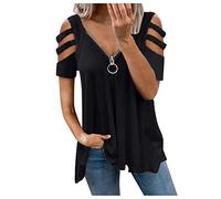 Briskorry Damen Oberteile Lässiges Kurzarm T-Shirt Sommer Schulterfreies Sweatshirt V-Ausschnitt Reißverschluss Pullover Tunika-Bluse Lockere Sommerbluse Casual Lose Tops