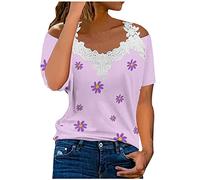 Briskorry Damen Schulterfrei Bluse Elegant V-Ausschnitt Blusenshirt Modische Spitzenbesatz Oberteile Sommer Kurzarm Tshirt Sexy Blumenmuster Sommerbluse Casual Tunika Tops