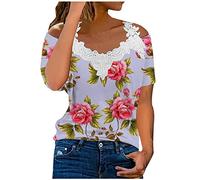 Briskorry Damen Schulterfrei Bluse Elegant V-Ausschnitt Blusenshirt Sexy Spitze Off Shoulder Oberteile Sommer Kurzarm Tshirt Blumenmuster Sommerbluse Casual Tunika Tops