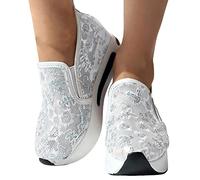 Briskorry Damen Slip On Sneakers Mesh Spitze Keilabsatz Schuhe Atmungsaktive Ausgeschnittene Stoffschuhe Freizeit Turnschuhe Plattform Laufschuhe Sommer Glitzer Slip On Walkingschuhe Glitzer