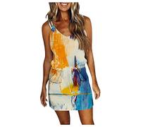 Briskorry Damen Sommer Freizeitkleid Sexy Strandkleid Ärmelloses,Strandkleid Kurz Sommer Boho Kleid Strandkleider Mini Kleider Leicht V-Ausschnitt Etuikleid Taille Farbblock Modisch