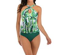 Briskorry Damen Tankini Set Neckholder Triangel Tankini Bademode Wellenkante Blumenmuster Zweiteiliger Badeanzug Swimsuit