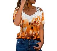 Briskorry Damen V-Ausschnitt Bluse mit Spitzen Schulterfrei Bluse Damen Elegant Spitze Tshirt Kurzarm Oberteile Sommer Blumenmuster Tunika Tops Sexy Bluseshirt Spitzeblusen Shirts