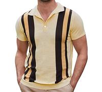 Briskorry Herren Strick-Poloshirt Kurzarm Umlegekragen Knopfleiste Farbblock Gestreift T-Shirt Stretch Slim Fit Plus Size Tops Golf Tennis Blusen, T-Beige
