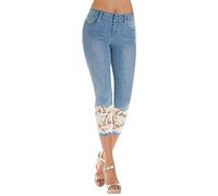 Briskorry Jeans Damen Mid Waist Stretch 3/4 Caprihose Aged-Waschung Leggings mit Taschen Teenager Mädchen Capri Laufhose Skinny Denim Jeans Lässige Push Up Capri Hose