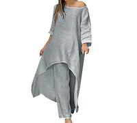 Briskorry Jumpsuit Damen Sommer Lang Langzarm Oberteile Weite Bein Hosen Leisure Bequeme Loungewear Anzug Festlich Elegant Set Einfarbiger Anzug Im Pendlerstil