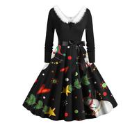 Briskorry Kleider Weihnachten Damen, Christmas Partykleid Langärmeliges Sexy Cocktailkleid Rockabilly Vintage Abendkleider Swing A-Linie Christmas Kleider Lustige Weihnachtsmotiv Maxikleider Mädchen