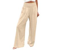Briskorry Leinenhose Damen Sommer Hose Leichte Weite Sommerhose Lang Freizeithose Leinen Yoga Pants High Waist Strandhose Elastischem Bund Loungehose Elegant Locker Weitbeinhosen