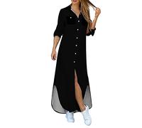 Briskorry Maxikleid Damen Lässiges Boho Ethnischer Hemdkleid mit Umlegekragen Langarm Blusenkleid mit Knöpfen Locker Sommerkleid Übergröße Mantelkleid Strandkleid