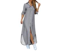 Briskorry Maxikleid Damen Lässiges Boho Ethnischer Hemdkleid mit Umlegekragen Langarm Blusenkleid mit Knöpfen Locker Sommerkleid Übergröße Mantelkleid Strandkleid