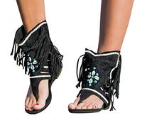 Briskorry Sandalen Damen Sommer Strandschuhe Bohemia Flache Frauen Strass Quaste Sandals Strand Schuhe Flip Flops Wohnungen Flach Zehentrenner Freizeit Sommerschuhe Riemchensandalen