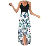 Briskorry Sommerkleid Damen Floral Bedrucktes Kleid Lang Sommer Ärmellos Neckholder Maxikleid Sommer Lose Maxi Swing Kleider V-Ausschnitt Rüschenkleid Freizeitkleid