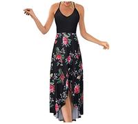 Briskorry Sommerkleid Damen Floral Bedrucktes Kleid Lang Sommer Ärmellos Neckholder Maxikleid Sommer Lose Maxi Swing Kleider V-Ausschnitt Rüschenkleid Freizeitkleid
