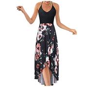Briskorry Sommerkleid Damen Floral Bedrucktes Kleid Lang Sommer Ärmellos Neckholder Maxikleid Sommer Lose Maxi Swing Kleider V-Ausschnitt Rüschenkleid Freizeitkleid