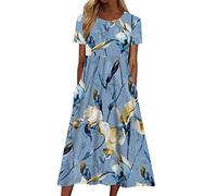 Briskorry Sommerkleid Damen Lang T-Shirt Kleid Sommer,Sommerkleid Midi Kleider T-Shirt Kleid Große Größen Lässige Maxikleid Kurzarm V-Ausschnitt Abendkleider für Hochzeit Damenkleider Satin MäDchen