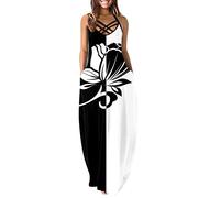 Briskorry Sommerkleid Damen V-Ausschnitt Blumendruck Maxikleid Elegant Ärmellos Trägerkleid Sommer Casual Kleider Strandkleid Cocktailkleid für Mollige Frauen