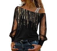 Briskorry Spitze Oberteil Damen Langarm Sexy Blusen Tops mit weißes Strass Mode Oberteile Modisches Bluse Pailletten Shirts Durchsichtige Tunika Bluse mit Langen Ärmeln