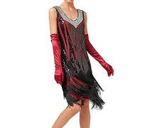 Briskorry Vintage Knielang Abendkleid Damen 1920er Pailletten Minikleid V-Ausschnitt Fransenkleid Glitzerkleid Retro Taillenkleid Partykleid Ballkleid Hochzeitskleid