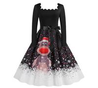 Briskorry Weihnachtskleider für Mädchen, Xmas Party Kleid Langärmeliges Elegant Cocktailkleid Vintage Rockabilly Abendkleider A-Linie Swing Christmas Dress Ugly Weihnachtsmotiv Festival Kleid 2024