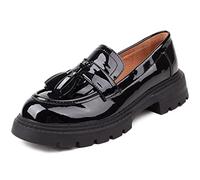 British Style Damenmode Loafer Lackleder Quaste Loafer Schwarz Dicke Sohle Slip-on Dicke Sohle Loafer Einfache Casual Flache Schuhe Plus Size Schuhe, Schwarz3, 41 EU