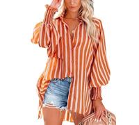 BrOleo Damen Bluse mit Ballonärmeln Knopfleiste und Taschen gestreift Tunika Tops modisch hoch tief unregelmäßiger Saum Hemd Urlaubsmantel Bikini Überzug Büro Business Bluse Orange L