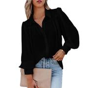 BrOleo Damenmode,Plissiertes Chiffon Satin Blusenhemd,Ballon Langarm Tunika Hemd,Chiffon Glänzendes Hemd,sexy Party Oberteile,lässige Büro Business Bluse für Mädchen und Damen,Schwarz,XL