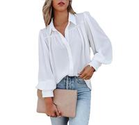 BrOleo Damenmode,Plissiertes Chiffon Satin Blusenhemd,Ballon Langarm Tunika Hemd,Chiffon Glänzendes Hemd,sexy Party Oberteile,lässige Büro Business Bluse für Mädchen und Damen,Weiß,M