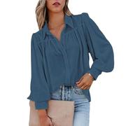 BROLEO Damenbluse Plissiertes Chiffon-Satin Blusenhemd, Ballon-Langarm Tunika, Marineblau X