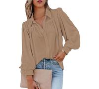 BROLEO Damen Bluse – Plissiertes Chiffon-Satin Tunikahemd, Ballon-Ärmel – Khaki XL
