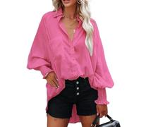 BrOleo Elegante Damen Bluse mit Ballonärmeln Knopfleiste und Taschen durchsichtige Tunika Oberteile modisches Hemd mit hohem niedrigem unregelmäßigem Saum Urlaubsmantel Bikini Vertuschung