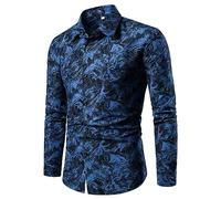BrOleo Herren Hemd Mit Blumendruck Vintage Langarmhemden Lässige Button Down Hemden Stilvolle Ausgefallene Hemden Business Hemden Party Hawaii Hemden Hemden Urlaubs Und Strandhemden Blau M
