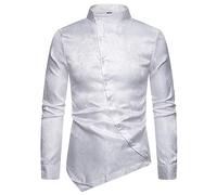 BrOleo Herren Hemd Mit Schräger Knopfleiste, Stehkragen, Unregelmäßigem Saum, Lässige Button Down Hemden, Vintage Hemd, Business Hemden, Hawaii Hemden, Hemden Für Den Urlaub, Strand, Weiß, M