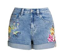 BrOleo Kurze Sporthose Damen,Damen-Jeansshorts Florale Stickerei Aufgerollter Saum Jeanshose Kurze Hotpants Sommer Dehnbare Jeans-Shorts Vintage Lässig Gewaschene Jeans-Shorts Mit Patchwork-Taschen S