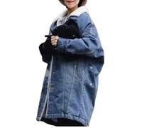 BrOleo Winter Jeansjacke für Damen,lang,warm,mit Fleece gefüttert,lockerer Jeansmantel,klassisch,lässig,Dicker Parka,Vintage Waschung,Knopfleiste,Lange Ärmel,Reversjacke,Oberbekleidung mit Tasche,L