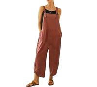 BRONG Damen-Overall, lässig, lockere Latzhose, weiche Baumwolle, Leinen, Overall, Baggy-Spielanzug, verstellbare Träger mit Taschen, rot, M