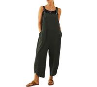 BRONG Damen-Overall, lässig, lockere Latzhose, weiche Baumwolle, Leinen, Overall, Baggy-Spielanzug, verstellbare Träger mit Taschen, grün, S