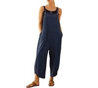 Brong Damen-Overall locker geschnitten aus weichem Baumwolle-Leinen-Mix, Damen-Jumpsuit mit verstellbaren Trägern und Taschen, blau, 54