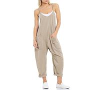 BRONG Latzhose Damen Sommer Ausgebeult Weites Bein Jumpsuit Lose Ärmellos Latzhose Frauen Lässig Einstellbar Lätzchen Hose Damen Overall Baumwolle Lang Hose Spielanzug Khaki S