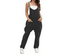 BRONG Latzhose Damen Sommer Ausgebeult Weites Bein Jumpsuit Lose Ärmellos Latzhose Frauen Lässig Einstellbar Lätzchen Hose Damen Overall Baumwolle Lang Hose Spielanzug Schwarz L