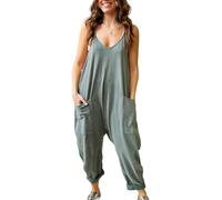 BRONG Latzhose Damen Sommer Ausgebeult Weites Bein Jumpsuit Lose Ärmellos Latzhose Frauen Lässig Einstellbar Lätzchen Hose Damen Overall Baumwolle Lang Hose Spielanzug Grün S