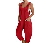 BRONG Latzhose Damen Sommer Weites Bein Jumpsuit mit Tasche Lässig Lose Overall für Frauen Strampelanzüge Ärmellos Latzhose Strampler Rot S