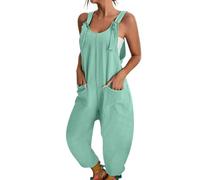 BRONG Latzhose Damen Sommer Weites Bein Jumpsuit mit Tasche Lässig Lose Overall für Frauen Strampler Ärmellos Riemchen Latzhose Verstellbar Strampelanzüge Grün XL