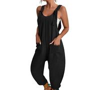 BRONG Latzhose Damen Sommer Weites Bein Jumpsuit mit Tasche Lässig Lose Overall für Frauen Strampler Ärmellos Riemchen Latzhose Verstellbar Strampelanzüge Schwarz S