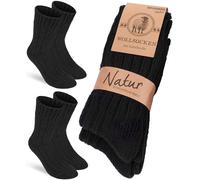 BRUBAKER 2 Paar Wollsocken - Wintersocken für Damen und Herren - Warm und Flauschig - Winter Socken Set mit Schafwolle - Thermosocken Stricksocken - Schwarz - Größe 43-46